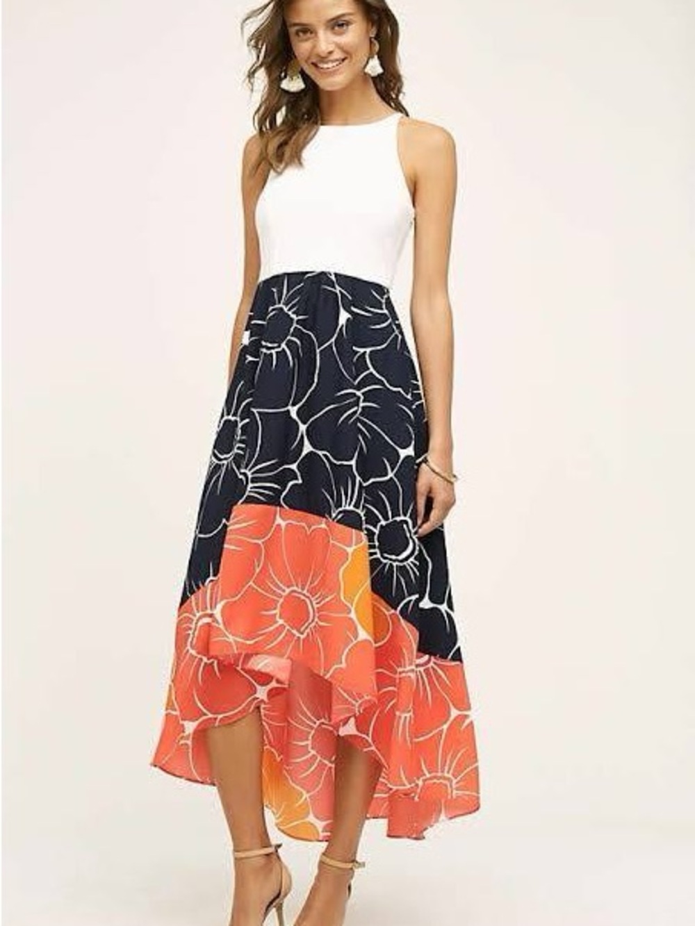 Hutch White Bodice Navy & Coral Floral High-Low Dress